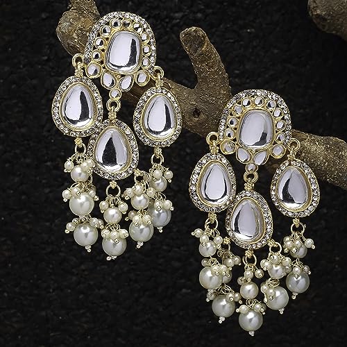 Gold-Plated Kundan & Pearls Teardrop Mirror Earrings