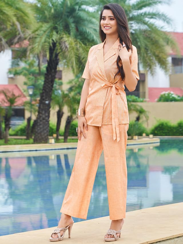 Selvia Women's Half Sleeve Silk Blend Collared Neck 2 Piece Co-Ords Set (555Tk582N-Xs_Orange)