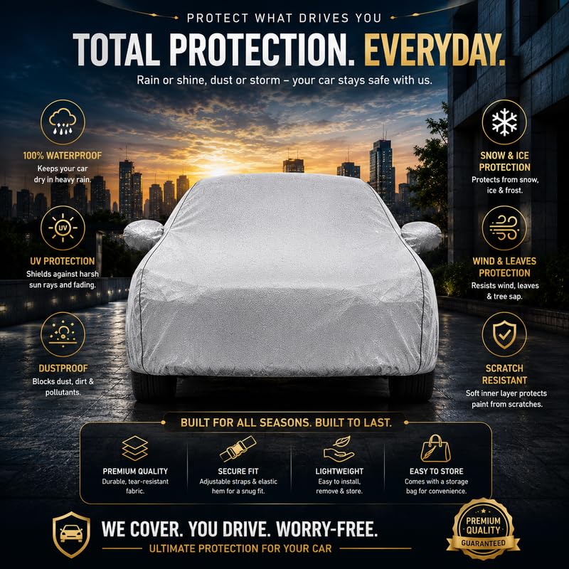 Image of Pure Fabric Silver 100% Waterproof Comet EV Car Cover | Polyester Car Body Cover for Rain & Sun | UV Protection, Dustproof, Scratch Resistant, Windproof, Heat Resistant, Custom Fit