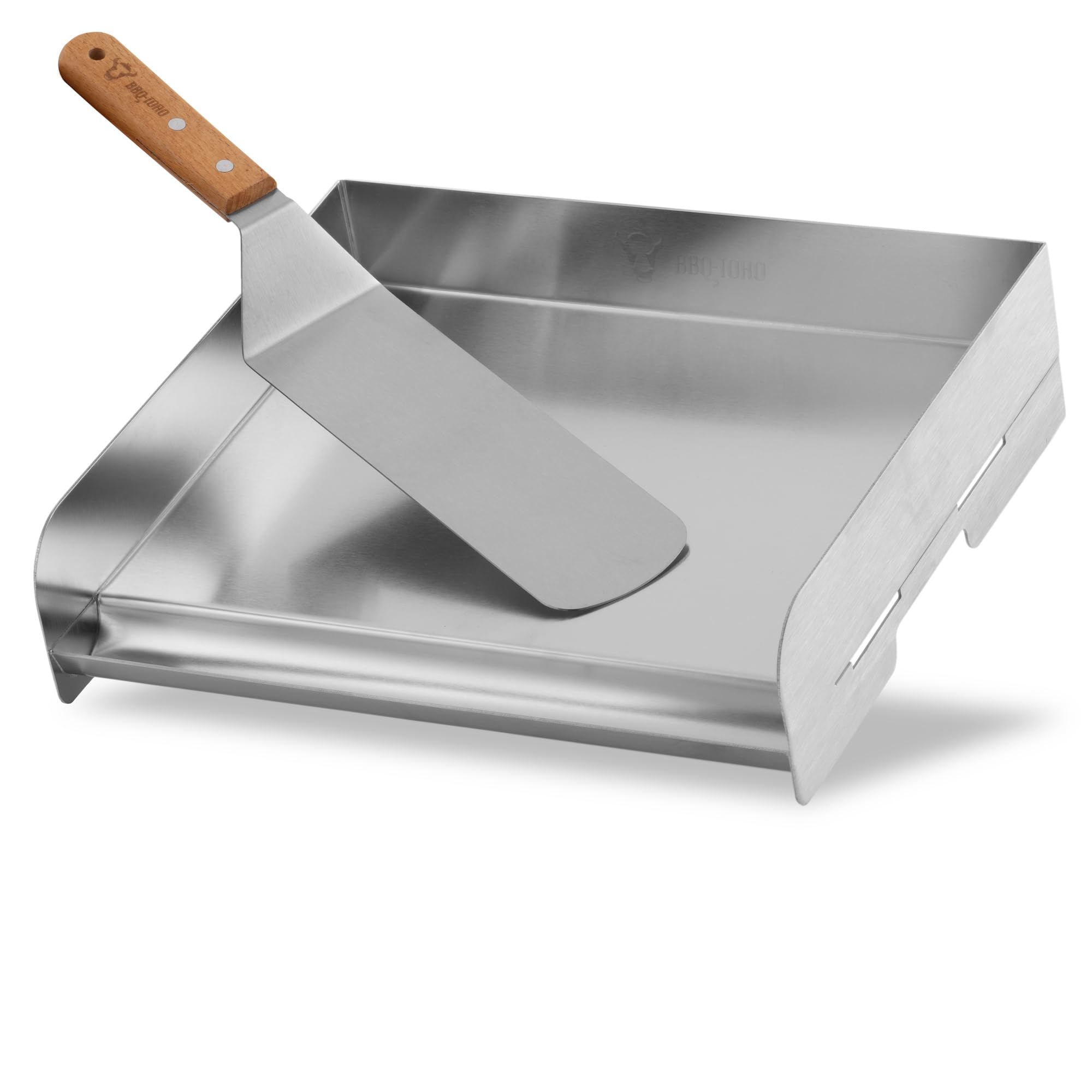 BBQ-Toro Edelstahl Grillplatte mit Grillspachtel | 32 x 28 cm | BBQ Plancha Set, Grillplancha, Pfannenwender | Rechteckig, Universal und Massiv | Grillblech für Holzkohle und Gas, Grillzubehör