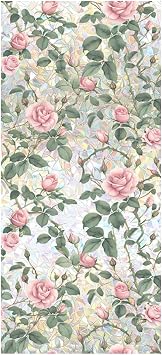 JOONOR Retro Pink Rose Flowers Window Privacy Film,3D Stained Glass Rose Rainbow Window Decals,Non-Adhesive Static Cling Sticker for Home Office,16.93 x 39.37 Inch