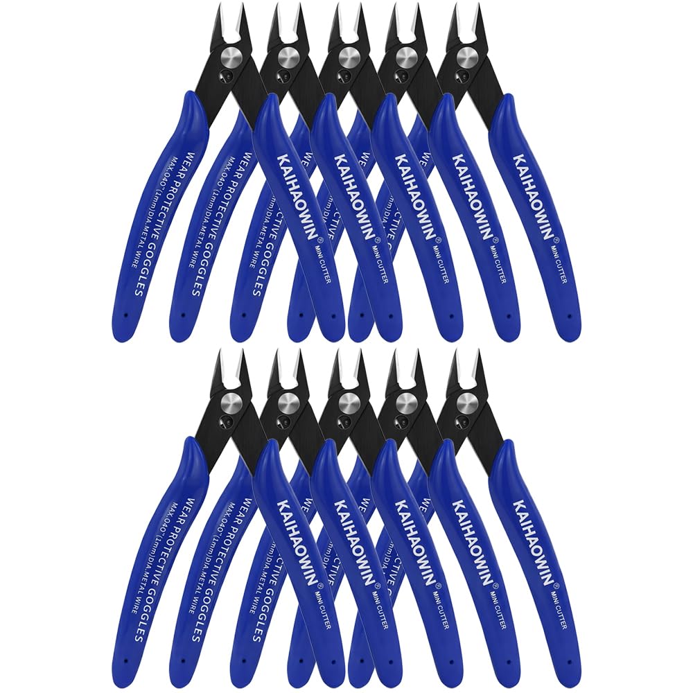 Small Wire Cutters 10 Pack,KAIHAOWIN 170 Wire Flush Cutters,Wire Clippers,Nippers,Clean Cut Pliers,Side Cuttes,Diagonal Cutting Pliers for Electronic Floral Heating Wire Model Sprue Soft Copper,Blue