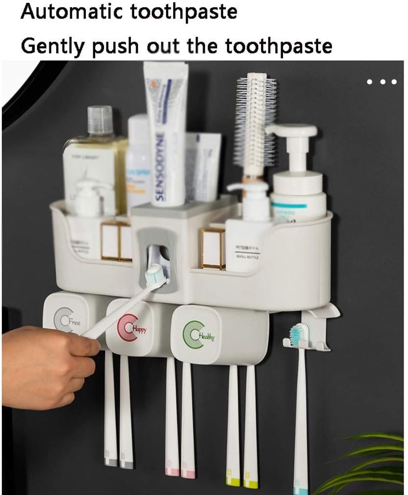 Toothbrush Holder, Automatic Toothpaste Dispenser - Wall Mounted Without Holes, Multi-Functional with 4 Cups for Family Washroom Bathroom