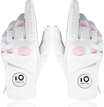 FINGER TEN Golf Gloves قفاز جلدي نسائي مع علامة كروية للسيدات - قبضة محسنة وراحة ومتانة للاعبات الجولف