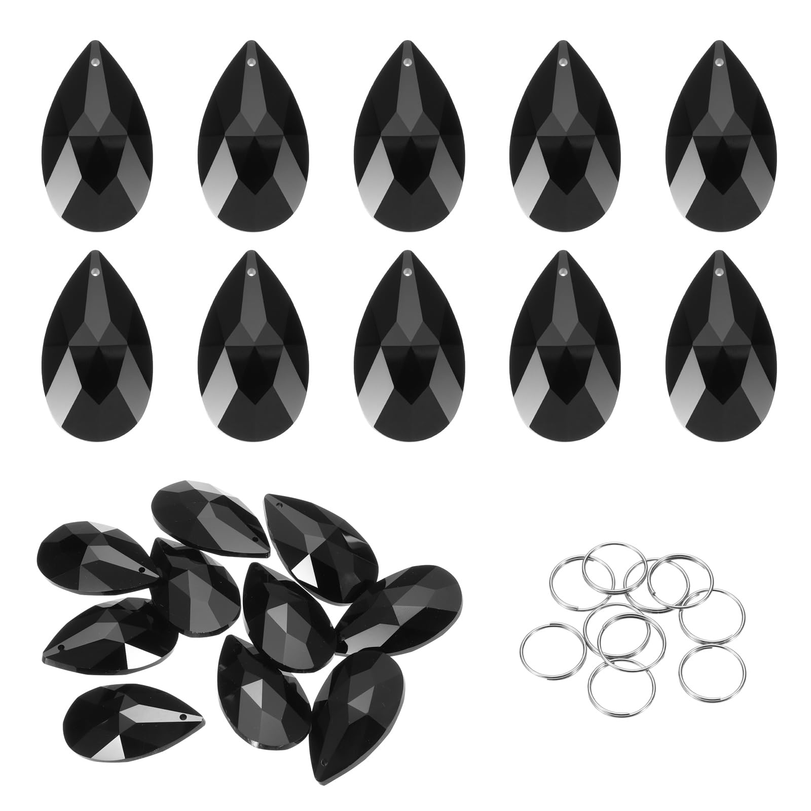 sourcing map 10Pcs Teardrop Crystal Beads, 38mm K9 Glass Hanging Chandelier Bead Prisms Part with 304 Stainless Steel Ring for Crystal Chandelier Lamp Pendant Jewelry, Black