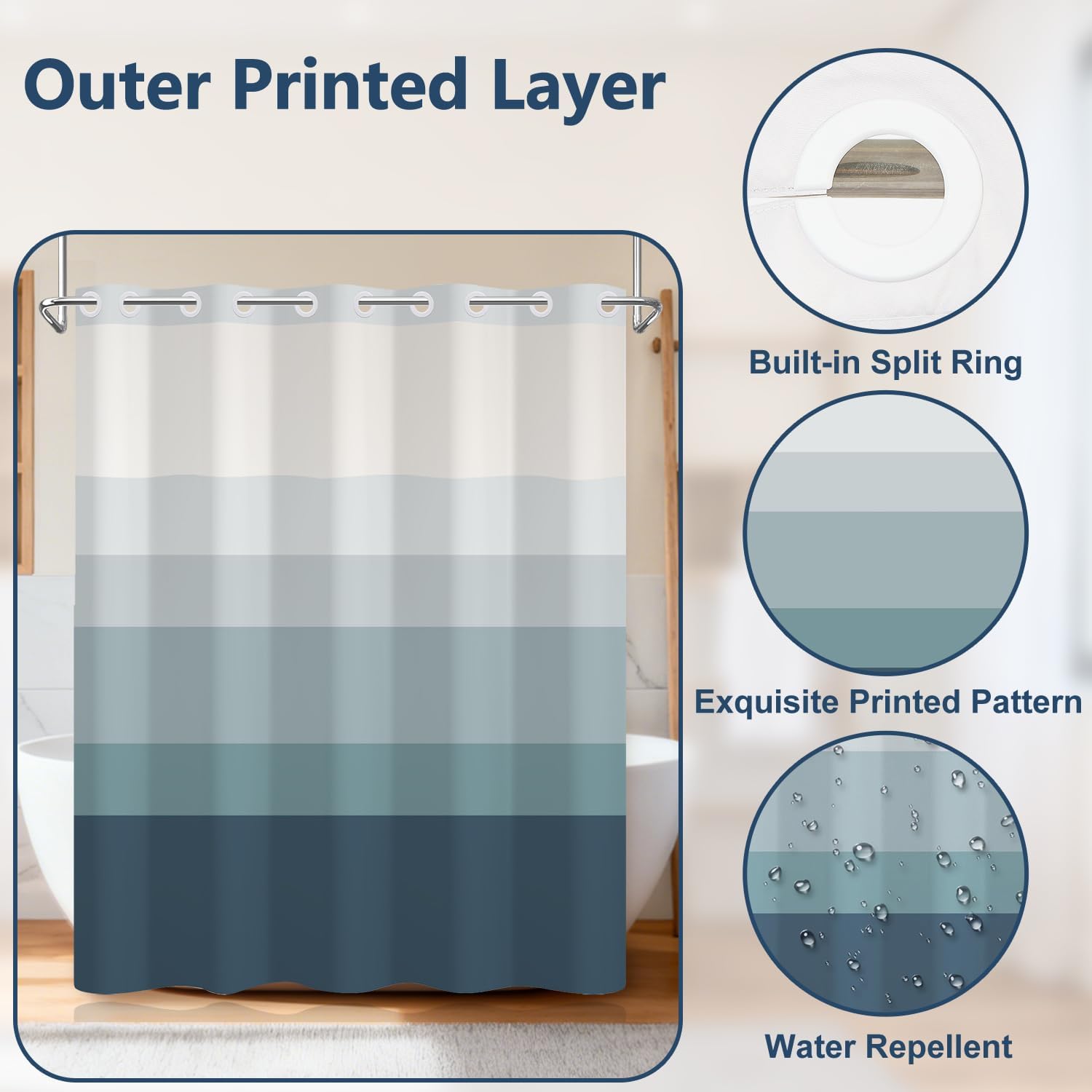 Ombre Blue Striped Shower Curtain with Snap in Liner, Double Layers Waterproof Fabric Shower Curtain with Weighted Hem, No Hooks Needed Abstract Modern Farmhouse Chic Bath Curtains, 71x74 Inch