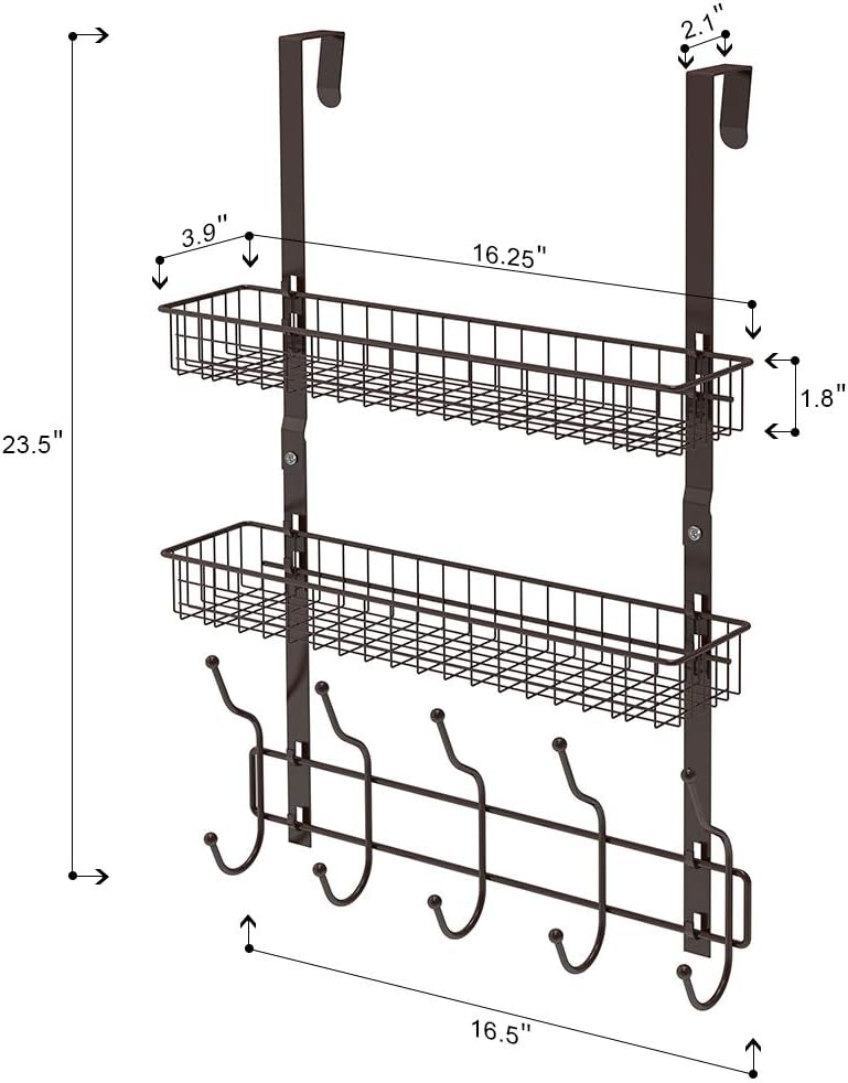 Over The Door Coat Hanger Rack with 2 Baskets and 5 Hooks Metal Storage Organizer for Towels, Hats, Handbags, Coats Dark Brown