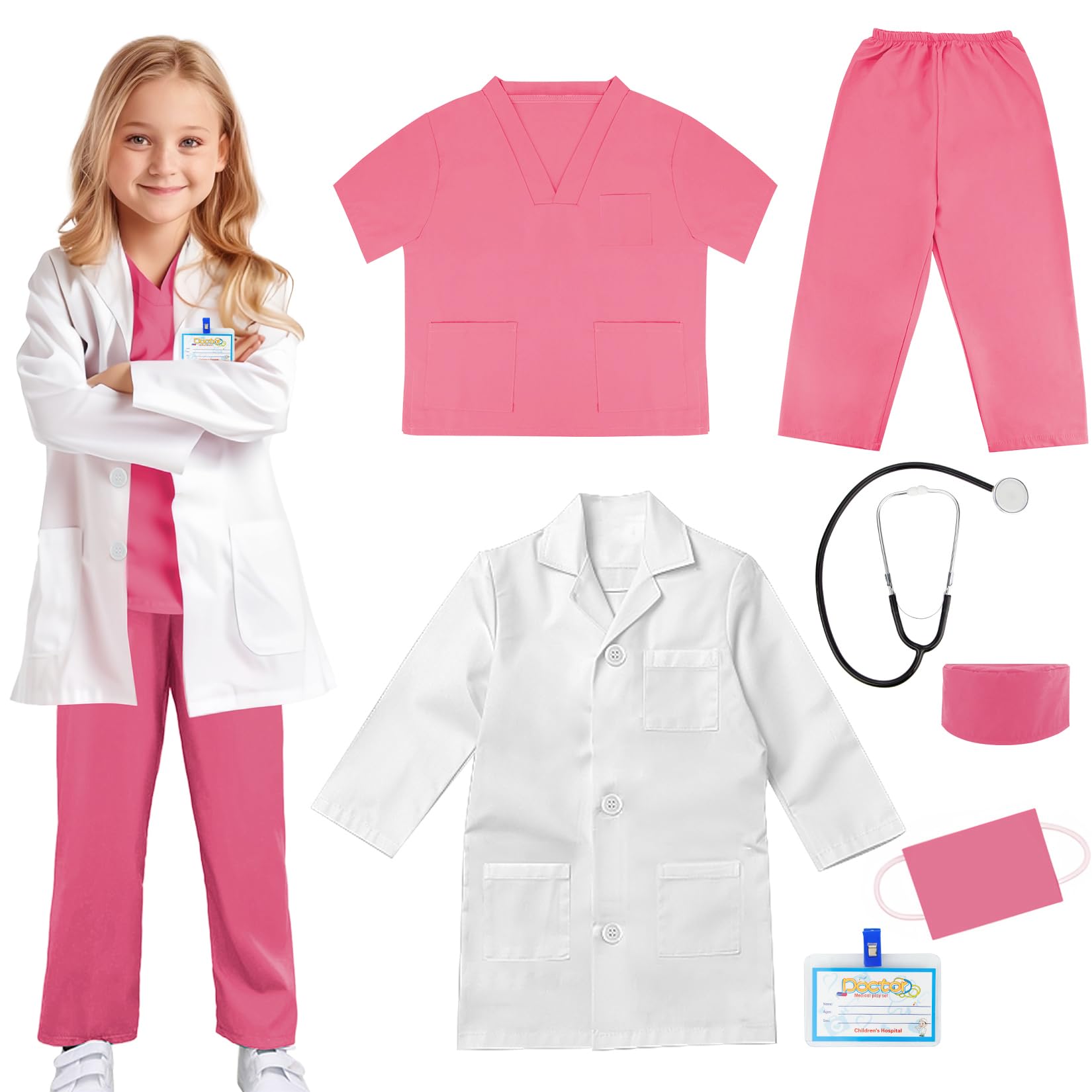 COTATERO Doctor Scrubs Costume for Kids With Stethoscope Lab Coat Career Day Costume Doctor Dress Up For Boys Girls 3-12