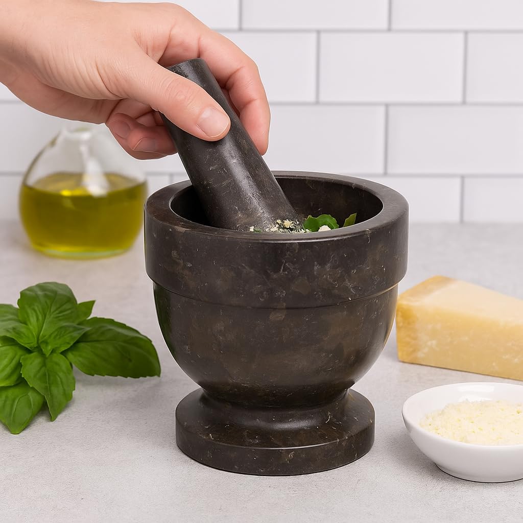 Natural Charcoal Marble Mortar & Pestle – Handcrafted Stone Grinder for Spices, Herbs & Kitchen Essentials (5.9” Diameter)
