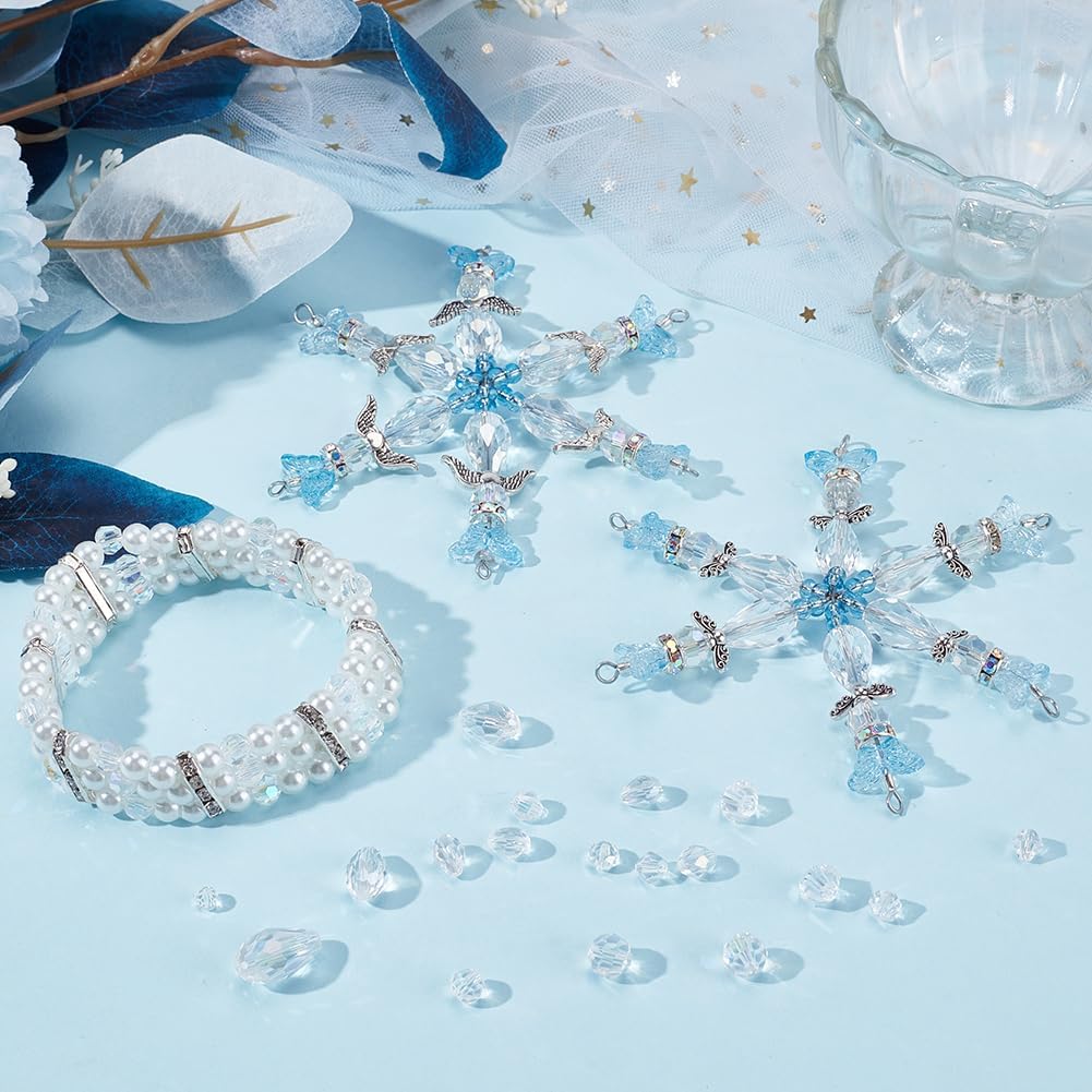 1 Box 730Pcs Faceted Bicone Beads Rondelle Glass Beads Briolette Transparent Clear AB Teardrop Round Facet Crystal Loose Spacer Bead for Jewelry Making Necklace Bracelet Supplies DIY Crafts