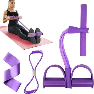 flintronic Bandas Elásticas de Resistencia al Pedel Multifunción con 4 Tubos de Látex Elásticos, Entrenador Abdominal con Mangos y Pedales Antideslizantes, para Abdominales, Fitness (Púrpura)