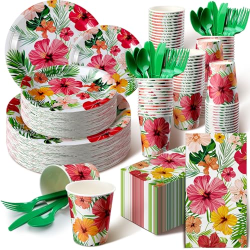 Sinmoe 400 Pcs Summer Plates and Napkins Set Summer Paper Dinnerware Disposable Party Supplies for 50 Guest Dinnerware Knife Fork Spoon for Birthday Party(Mixed Color,Hibiscus)