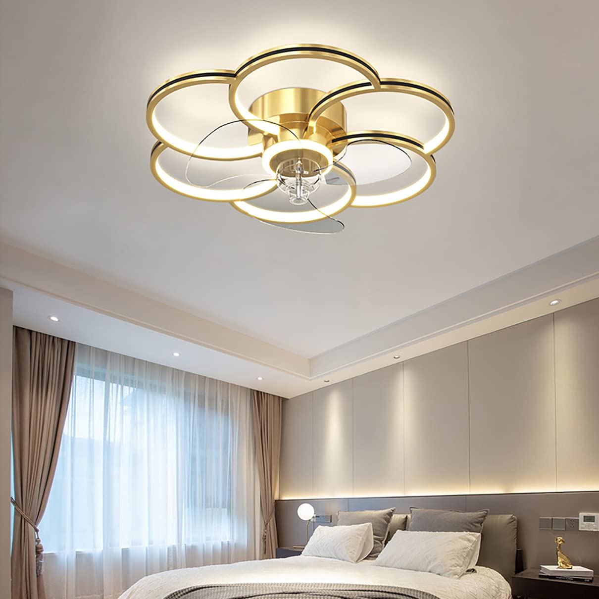 FLYFO LED Ceiling Fan with Light Kids Bedroom Dimmable 3 Speeds Quiet Fan Ceiling Light with Remote Control Modern Living Room Silent Ceiling Fan Light with Timer Φ55cm,Gold