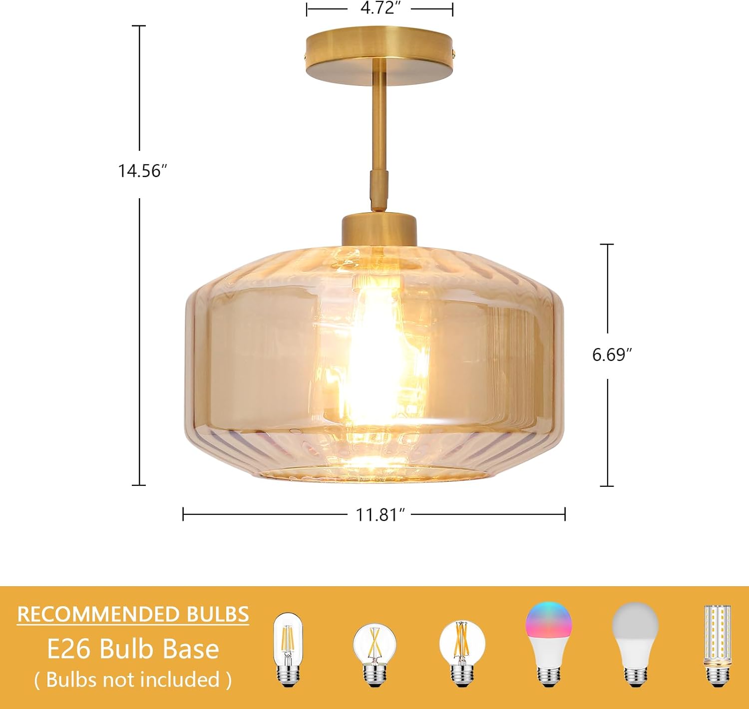 Mid Century Ceiling Light, 11.81 Inch Glass Semi Flush Mount Sloped Ceilings Lights Fixture,Amber Vintage Lighting for Bedroom Kitchen, Entryway, Hallway, Foyer