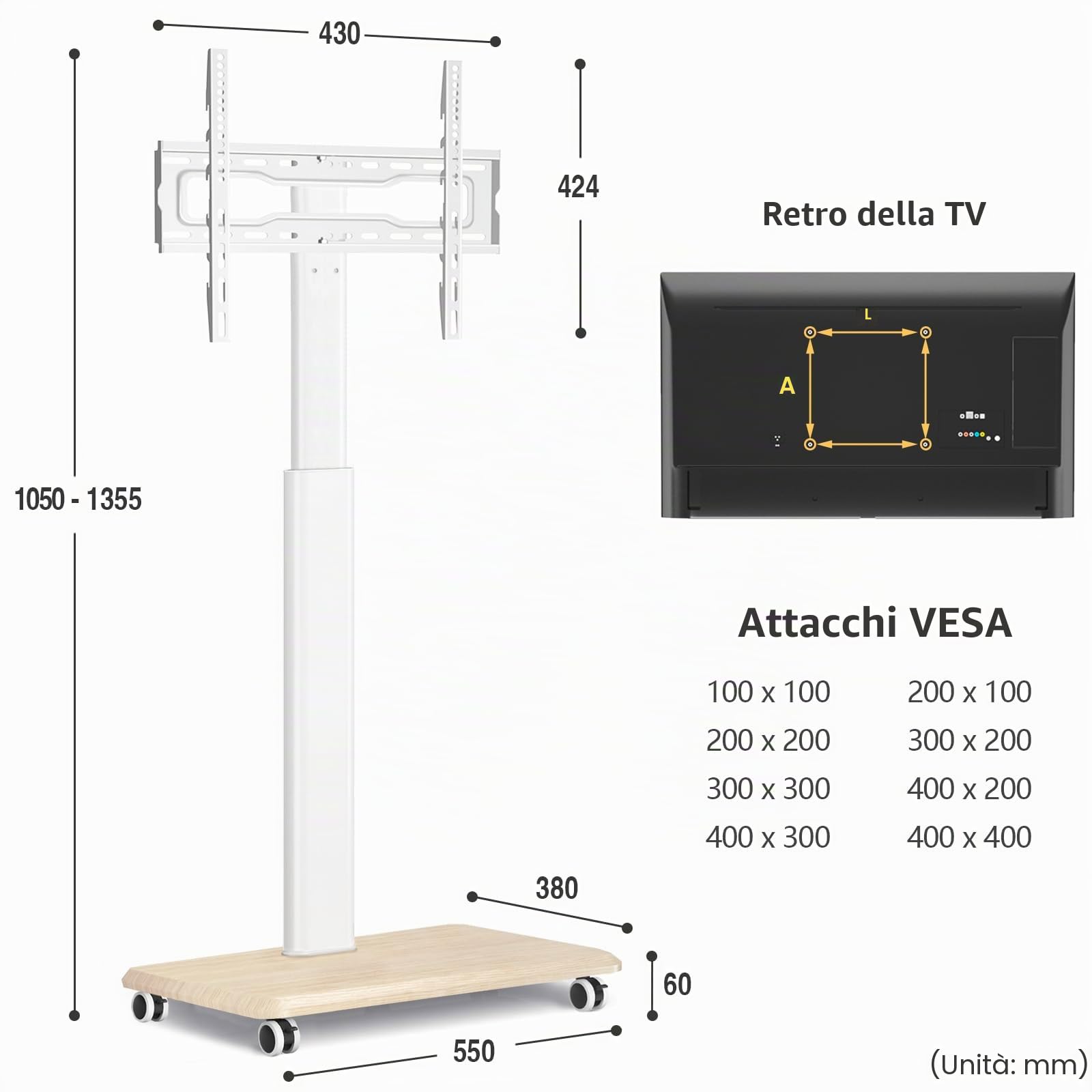 TVON Supporto TV da Pavimento Per TV da 32-65 Pollici LCD/LED/Plasma, Regolabile in Altezza Porta TV con Ruote Girevole Porta TV da Terra Fino a 40kg, Max.VESA 400x400mm, Bianco
