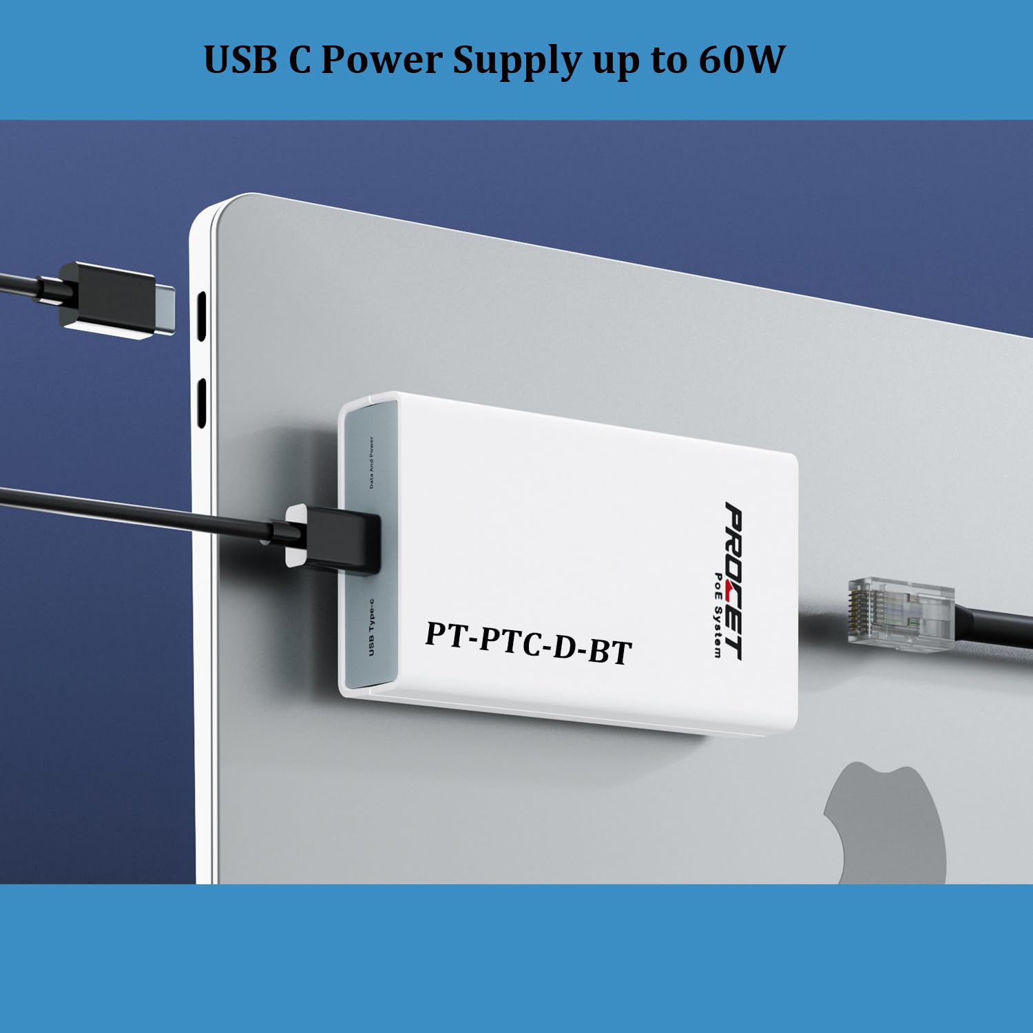 PROCET 60 W adapter PoE do USB C z siecią 100 Mbps, IEEE802.3bt do tabletów, laptopów, PoS, Digital Signage, wyświetlacza USB-C