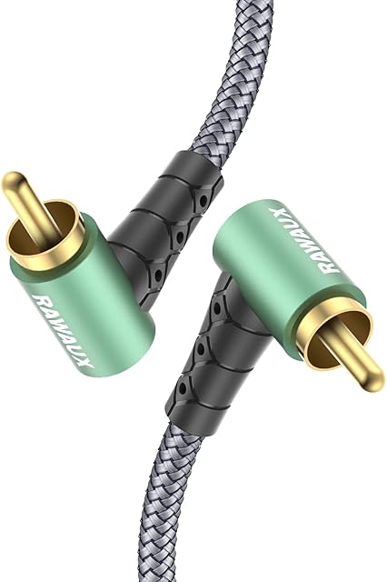 RAWAUX RCA Audio Cables 1M, Double 90 Degree RCA to RCA Cable, Right Angle Subwoofer Cable for Amplifier, Speakers, Soundbar, Home Cinema and HiFi Systems, Green