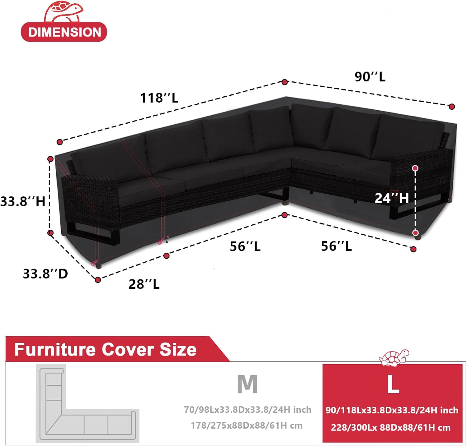 Turtle Life Patio Sectional Sofa Cover, Outdoor Heavy Duty Durable UV Water Resistant Anti-Fading L-Shaped Couch Cover, Black, L-Shaped 90in +118in(Left)