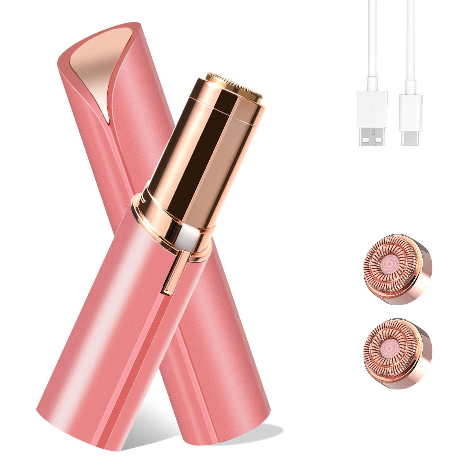 Facial Hair Removal for Women, Portable Painless Hair Remover Device, Rechargeable, with 2 Replacement Heads, for Face, Upper Lip and Chin (Rose god)