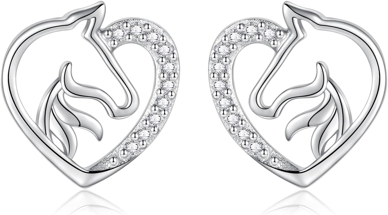 Hypoallergenic Horse Stud Earrings for Women 925 Sterling Silver-Animal Heart Shape Horse Ear Studs for Young Ones-Jewelry Gifts for Horse Lovers