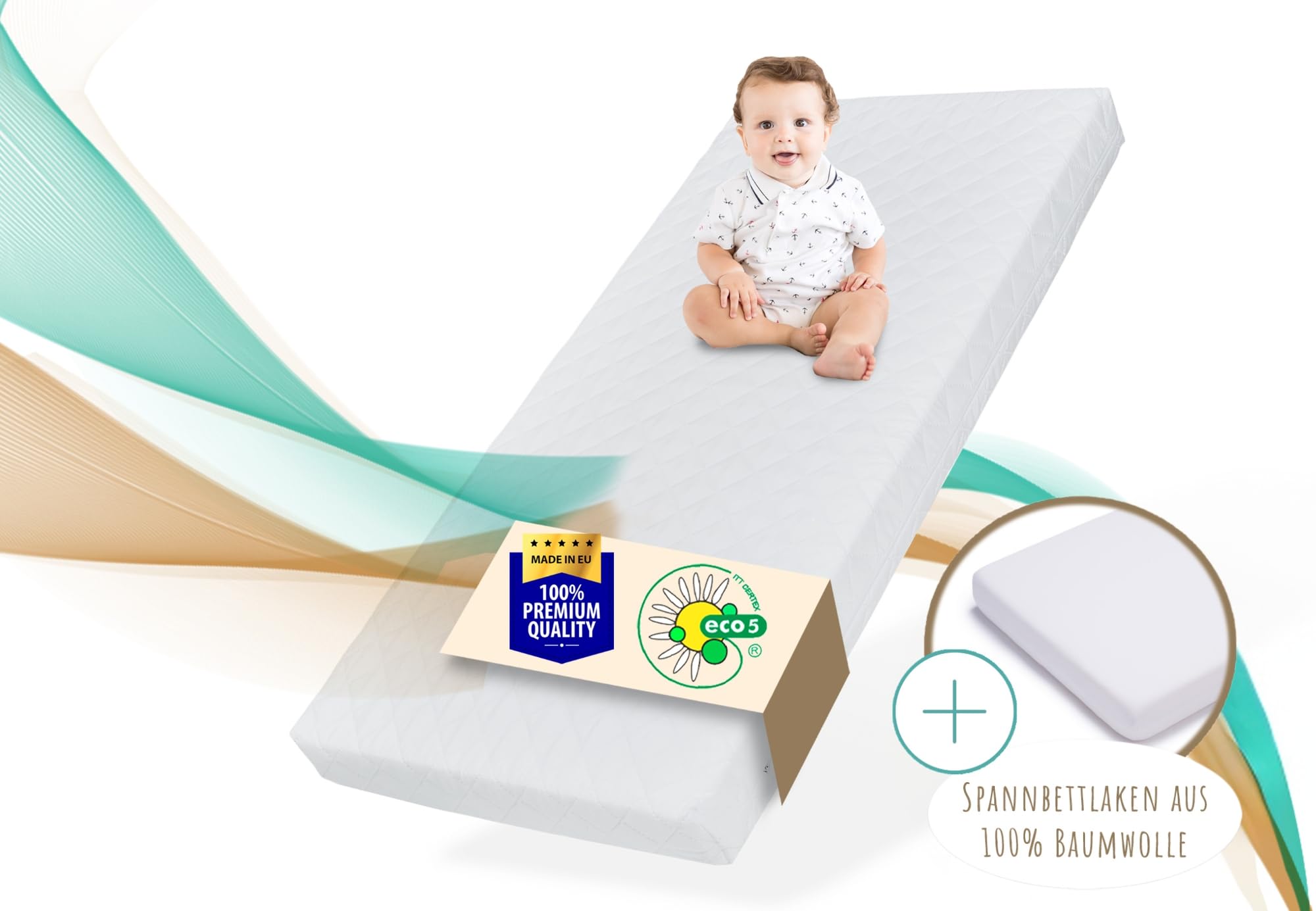 Materasso per bambini 60 x 120 cm con lenzuolo con angoli e rivestimento lavabile, materasso per bambini in schiuma fredda di alta qualità, 120 x 60 cm