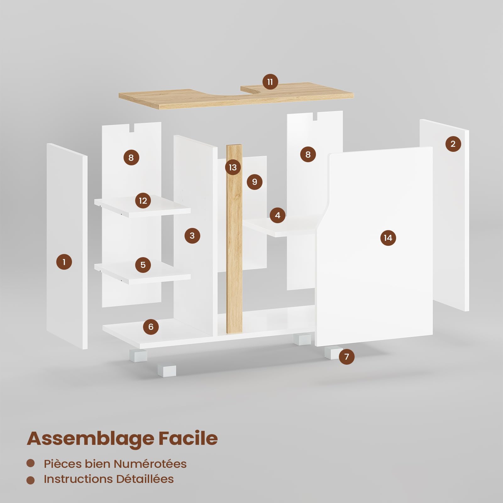 Meuble sous Lavabo Salle de Bain, Meuble Salle de Bain avec Étagère Réglable, Compartiments Fermés, 3 Étagères Ouvertes, 4 Pieds en Bois, Armoire de Rangement pour Vasque, 60x30x60cm, Blanc