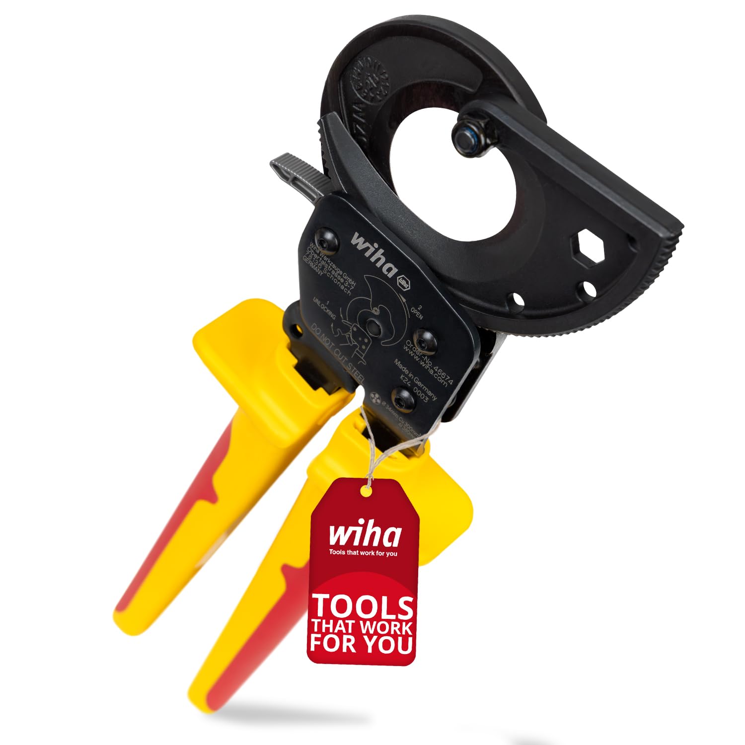 Wiha Yellow Cable Cutter Up To 300 Mm², Ratchet Cable Cutter For Cu And Ai Cables, Cable Scissors With Ratchet Principle, Ratchet Cutter For Aluminium And Copper Cables