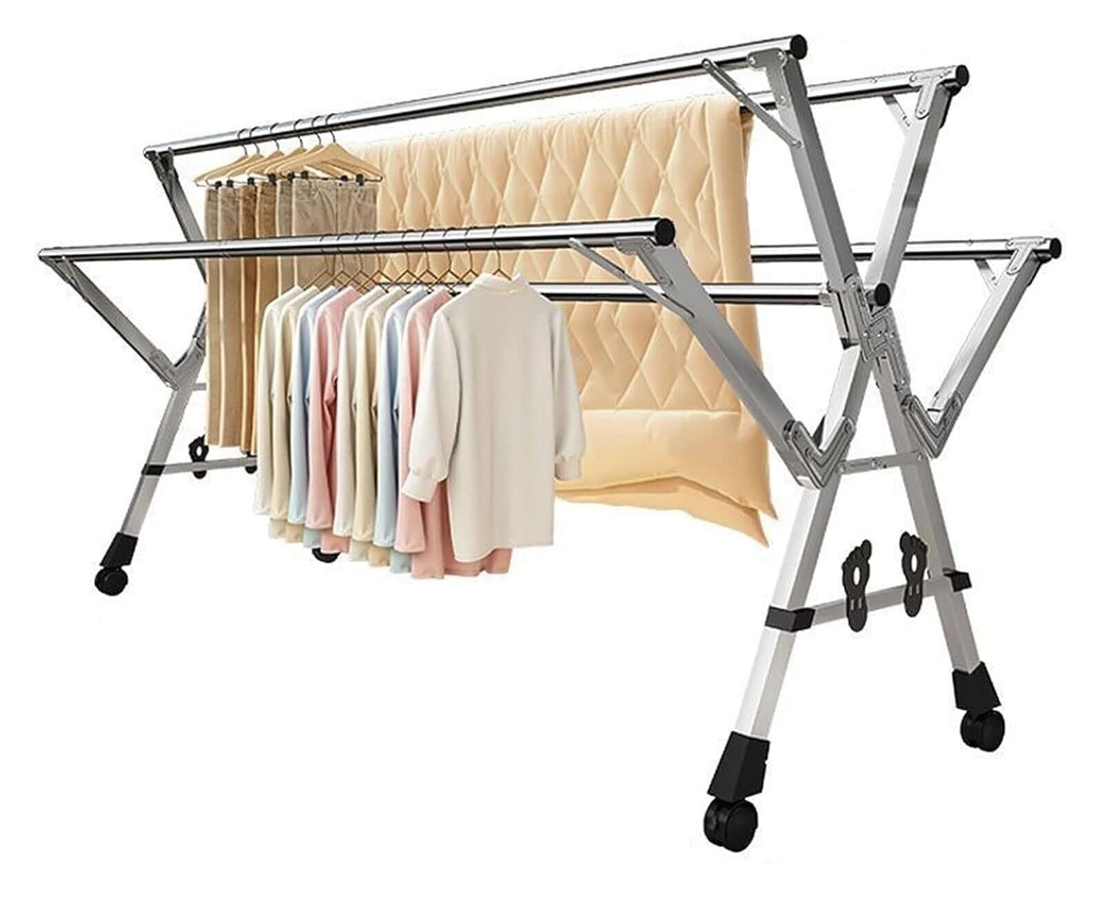 Étendoir linge pliable inox rétractable avec crochets anti-vent gain de place