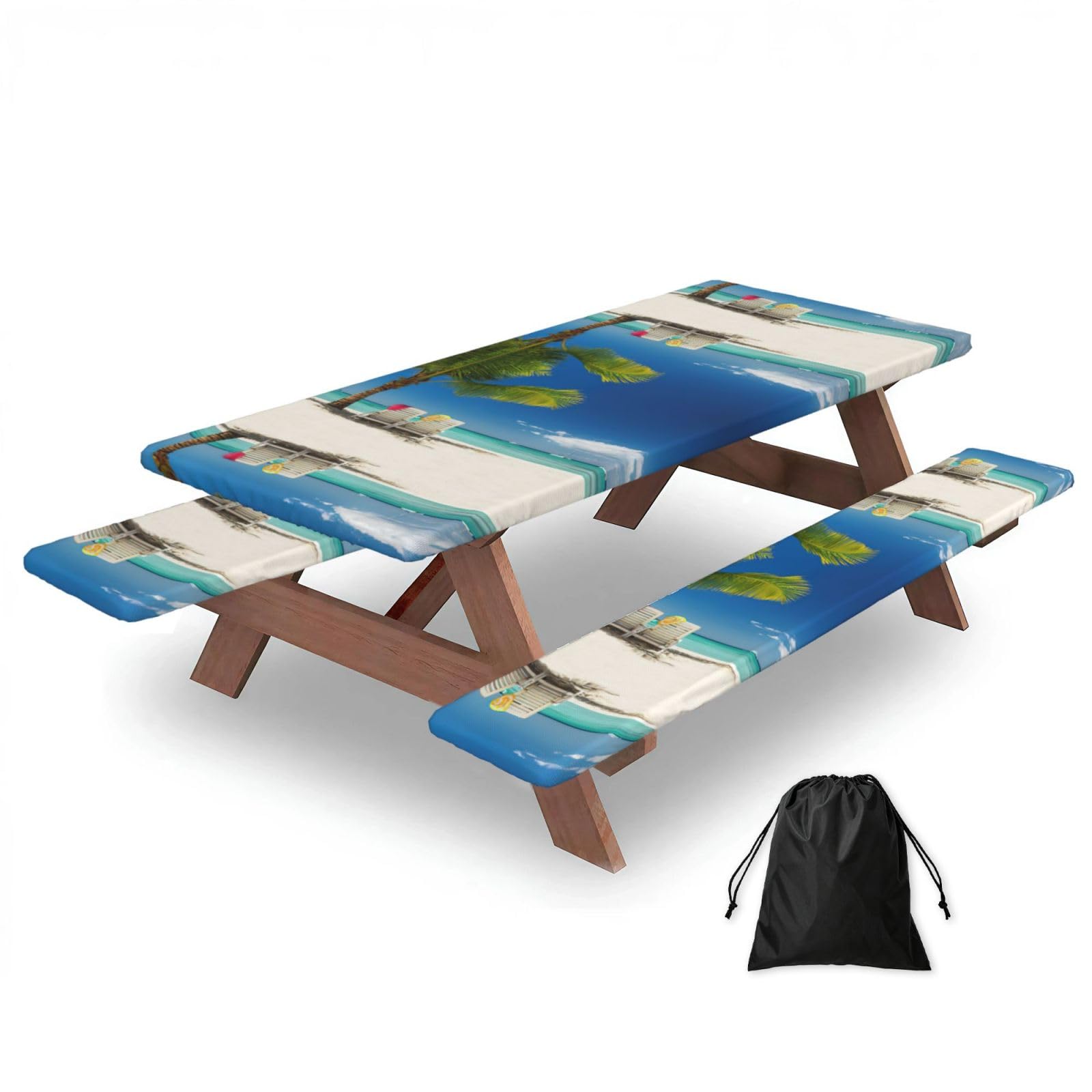 Beach Palm Tree Chairs Boats Print 3 Pack Wipeable Picnic Bench Cover And Table Cover Lightweight Table Cloth For Camping Outdoor