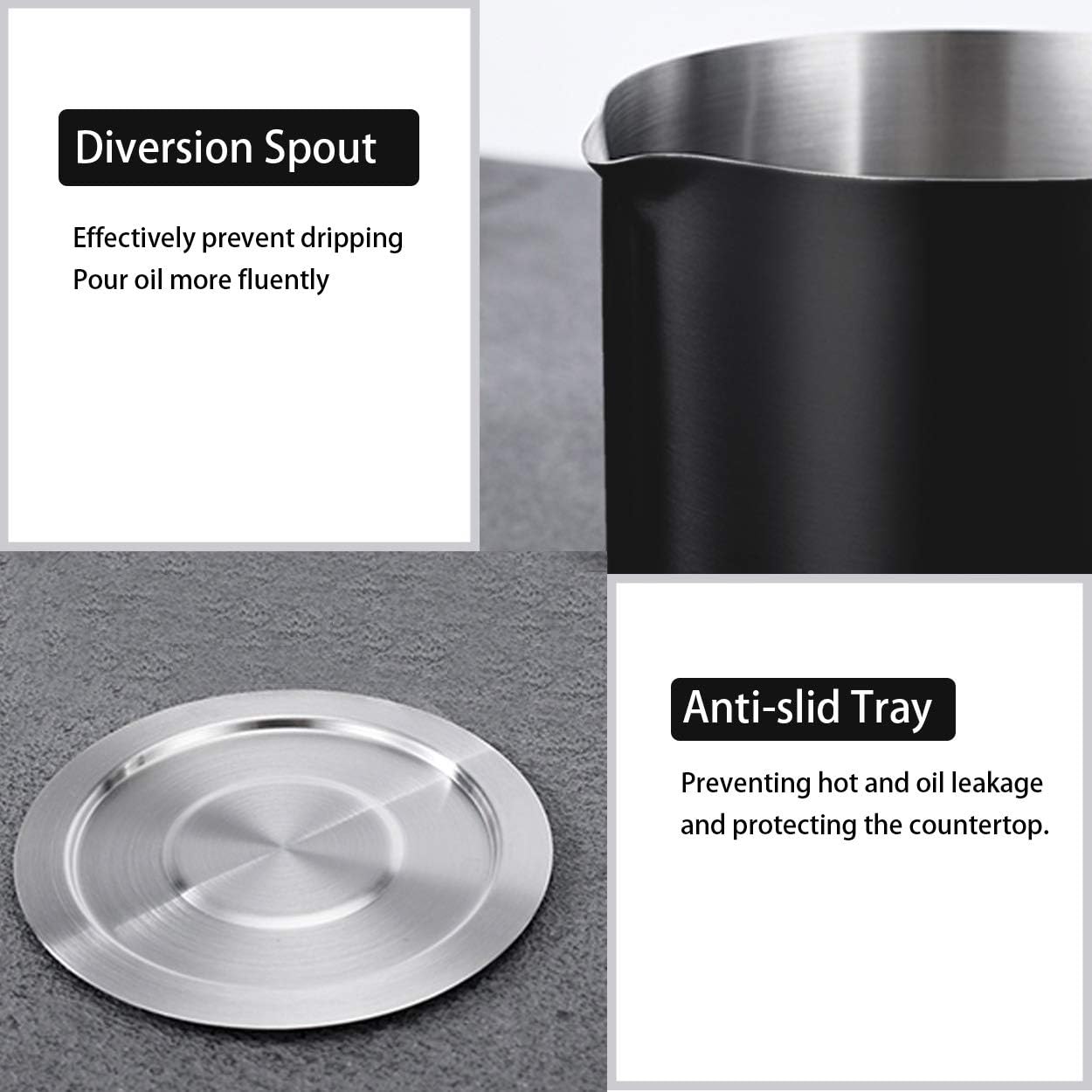 Sumerflos 304 Stainless Steel Grease Container with Strainer - 1.9 Qt Oil Storage Pot Grease Keeper, with Dust-Proof Lid & Easy Grip Handle - for Bacon, Kitchen Frying Oil, Black