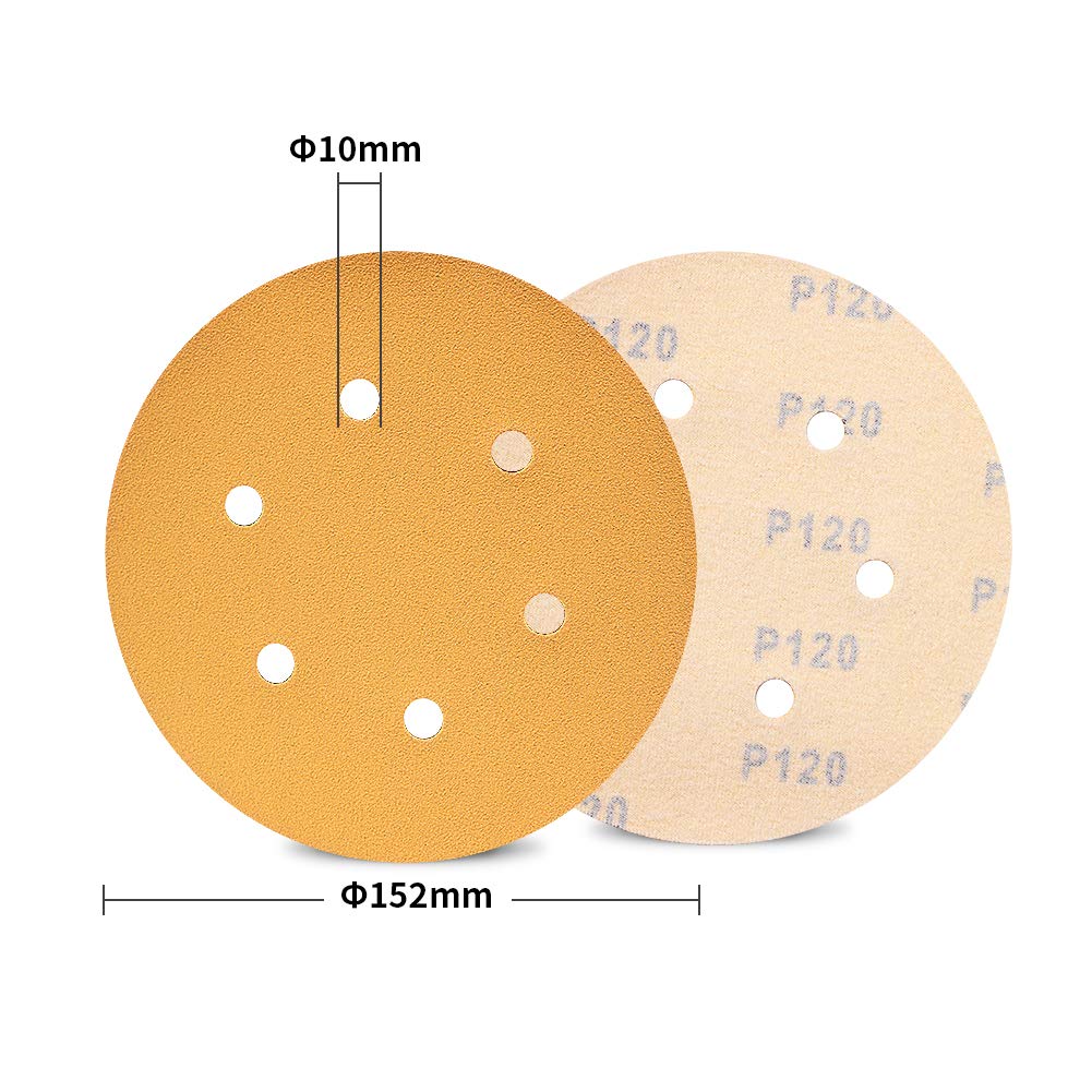 SPEEDWOX 100 Pcs 6 Inches Hook and Loop 6 Hole Sanding Discs 120 Grit Dustless Sandpaper Fit for Random Orbital Sander Yellow Finishing Discs for Automotive Woodworking