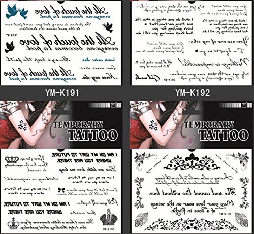 Grashine long last and look like real temporary tattoos 4pcs temp tattoo stickers in one package, it's different English Word designs,flowers,crowns,birds,etc.