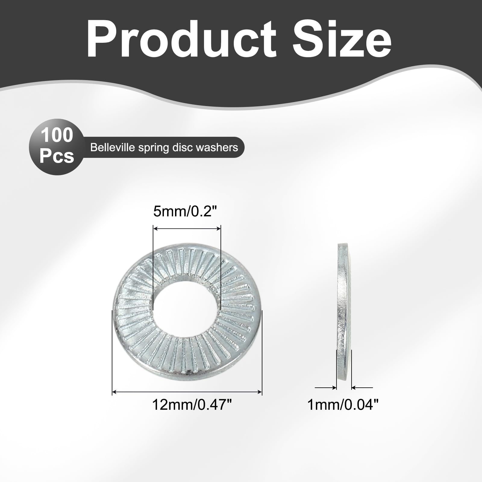 PATIKIL M5x12x1mm Flat Washers 100Pcs 65Mn Steel Belleville Spring Disc Washer Conical Knurled Metric Gasket for Automotive Industrial Construction (White Zinc Plating) - Image 2