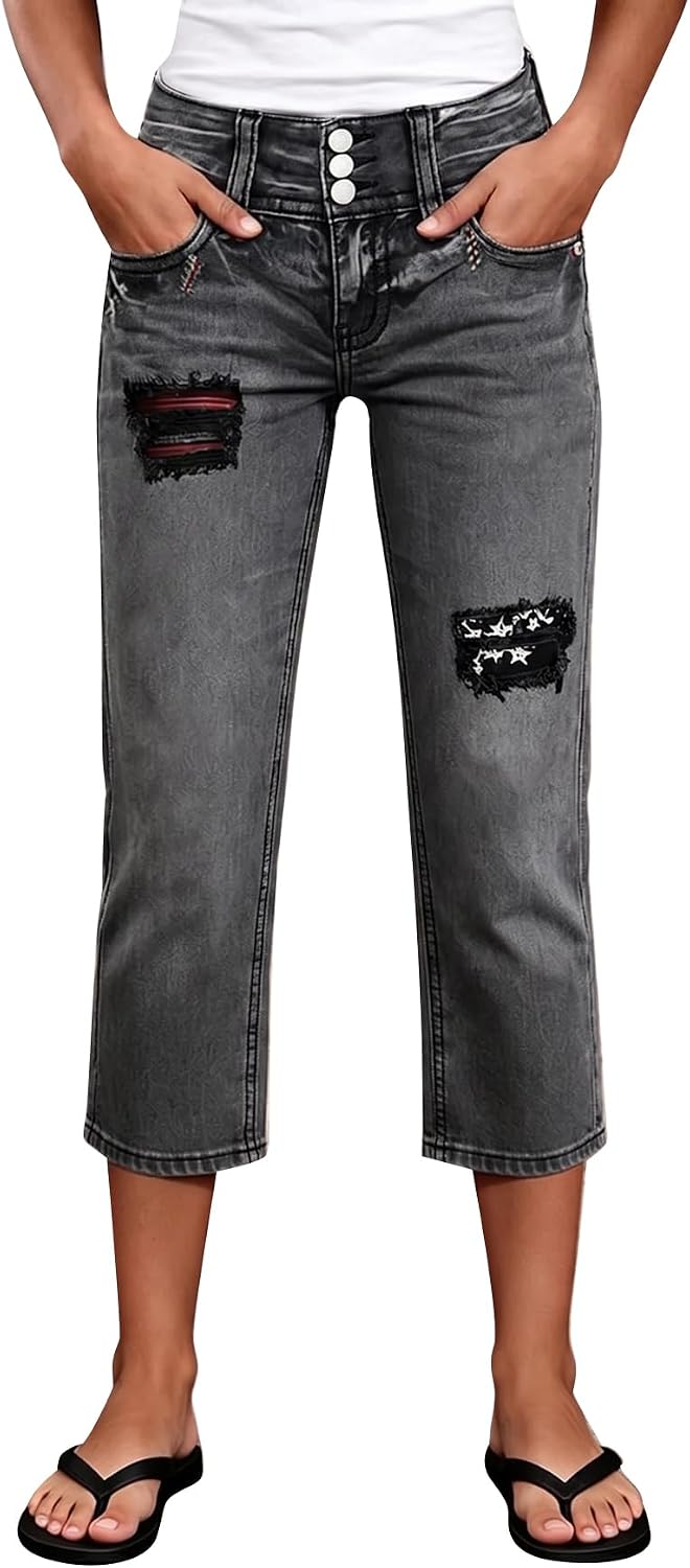 Flamingals Straight Leg High Rise Capri Jeans for Women Wash Star Embroidered Ripped Casual Denim Jeans with Patched Pockets