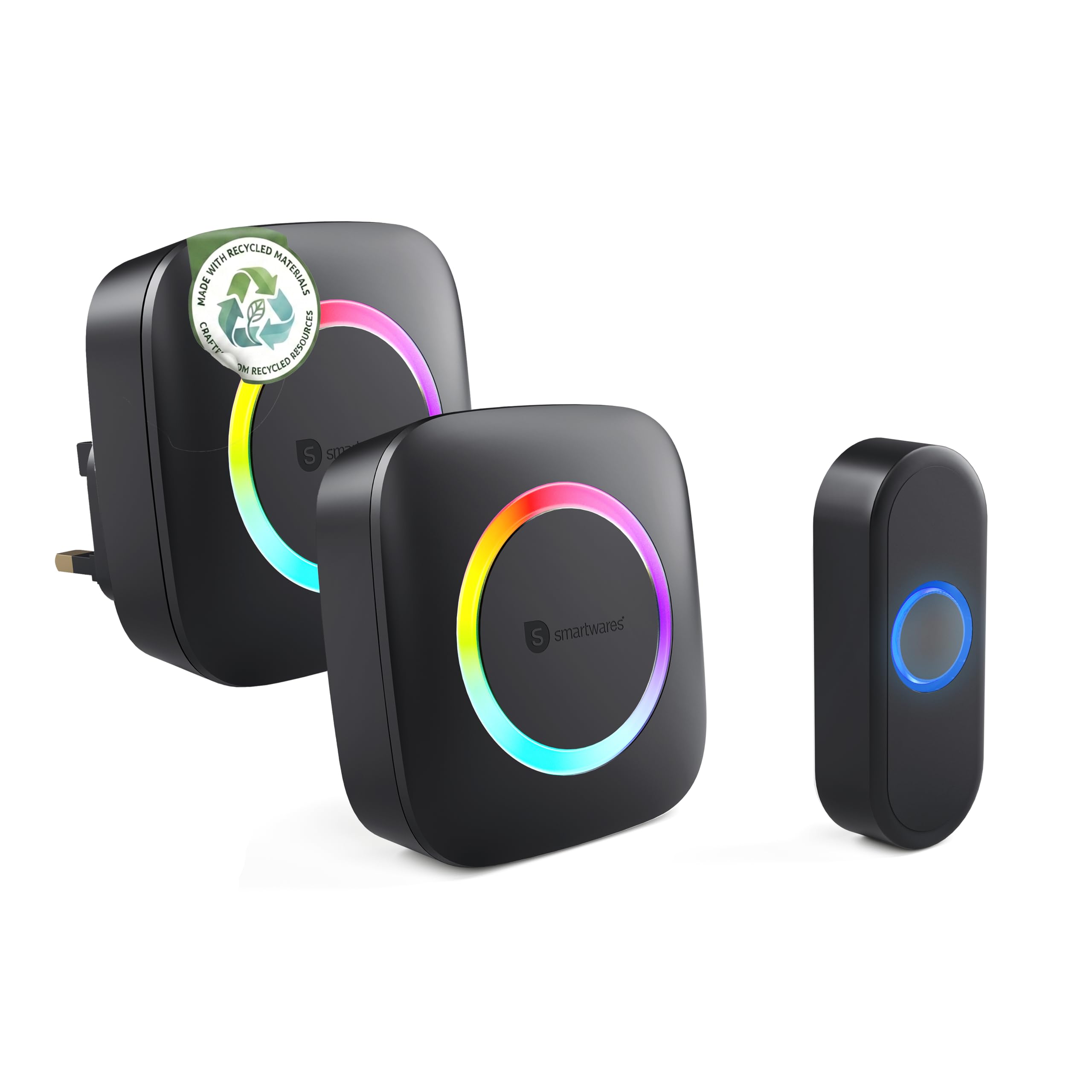 Smartwares Black Wireless Doorbell Set - Portable Chime, Plug-In Chime And Push Button - 300 M Range - 36 Melodies - Led Ring - 85 Db - 4 Sound Level & Mute Function - Pd-4927