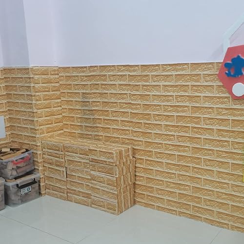 Miniatura 8 de LovingWay Rollo de papel tapiz dorado de 14.7 pies con patrón de ladrillos 3D, revestimiento de estante de 17.7 x 177 pulgadas extraíble para muebles