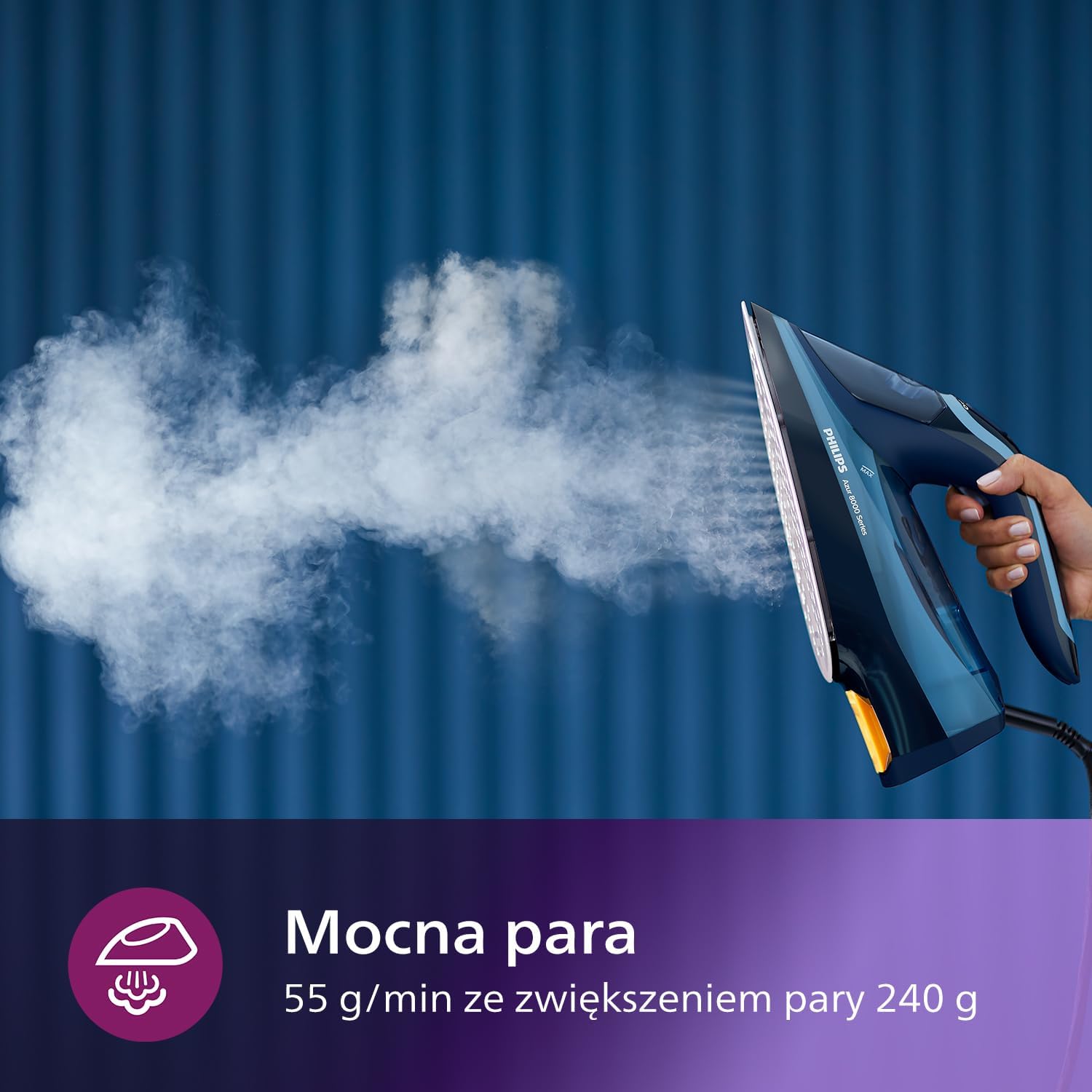 Steam iron emitting a powerful burst of steam.