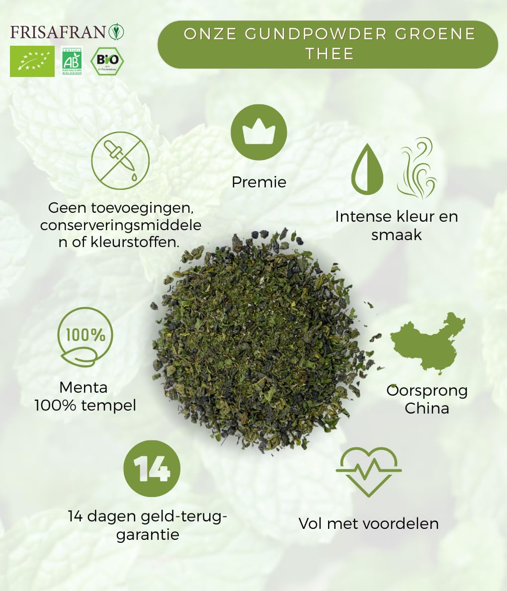 FRISAFRAN | Organiczna miętowa zielona herbata Gunpowder luzem 100 g | przeciwutleniacz | japońska zielona herbata | trawienie | zdrowy | orzeźwiający napój | napar z mięty | czysta herbata | liście