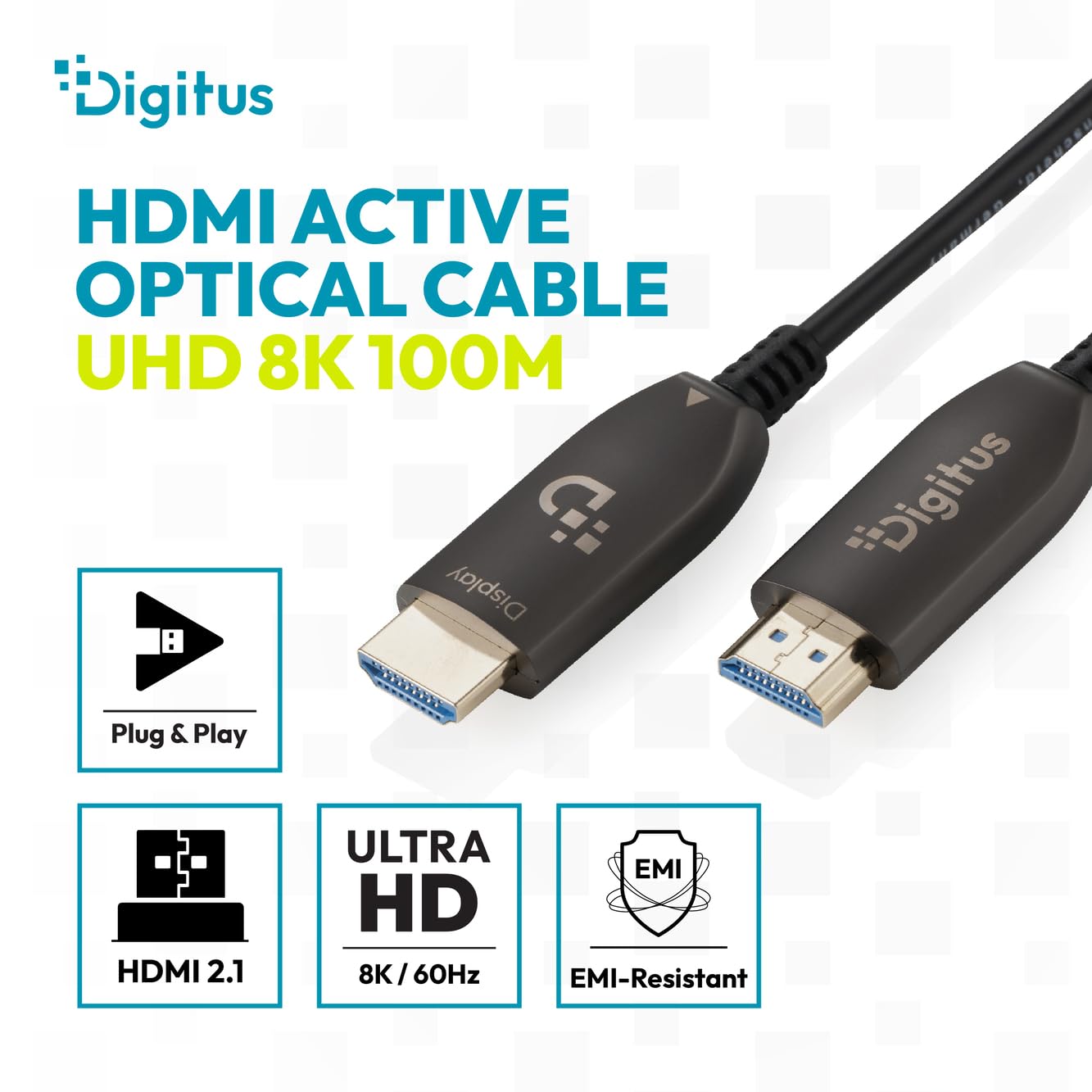 DIGITUS Cable HDMI de fibra óptica – 100 m – UHD 8k 60 Hz 4k 120 Hz | HDMI 2.1 – 48 Gbps – eARC, HDR, HDCP 2.2, CEC – Cable híbrido AOC – Cable HDMI de FO – Negro