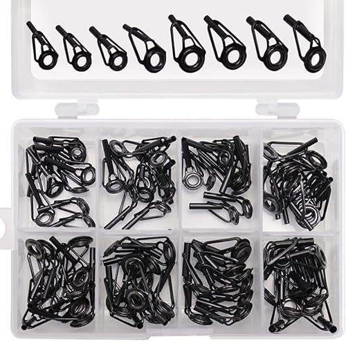 Lasenersm Kit de reparación de puntas de caña de pescar de 80 piezas, acero inoxidable y cerámica, negro, 8 tamaños, fácil de usar, adecuado para la