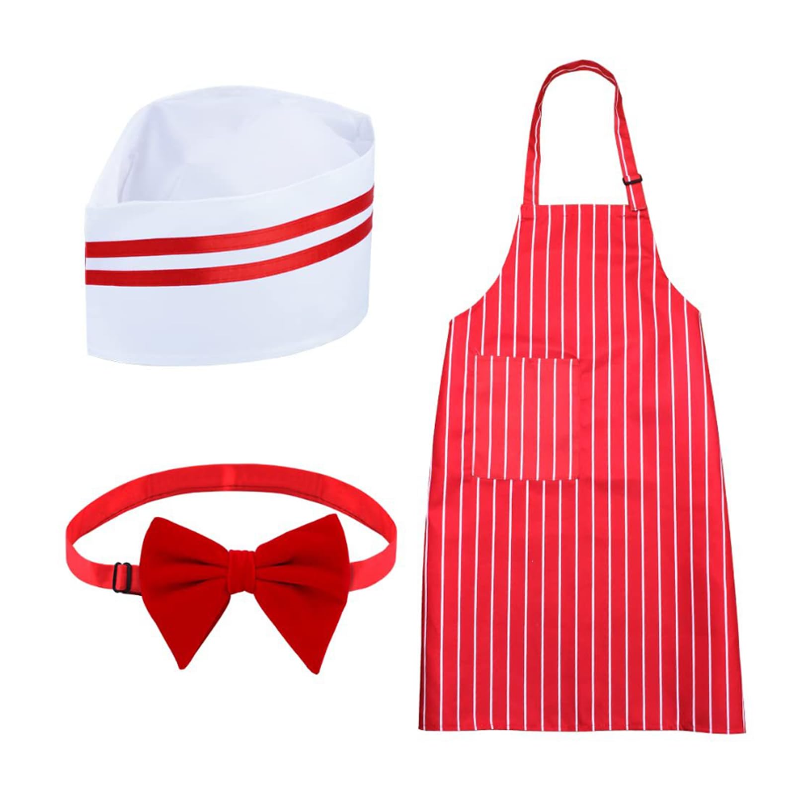 3Pcs 1950s Waiter Costume Kit Red and White Striped Apron Chef Hat Bow Tie Carnival Cosplay Party Outfit
