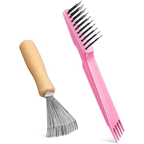 Miniatura 14 de 2 piezas de herramientas de limpieza de cepillos de pelo, mini rastrillo limpiador de peine con mango de madera para eliminar el polvo del cabello