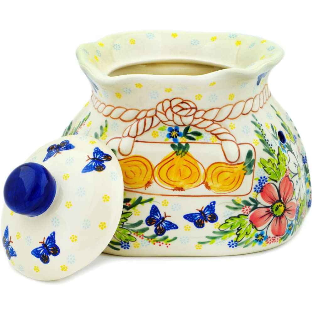 Polish Pottery 8¾-inch Garlic and Onion Jar (Retro Garden Theme) Signature UNIKAT + Certificate of Authenticity