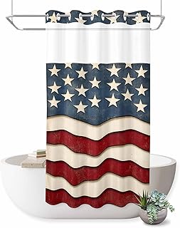 No Hooks Shower Curtain, American Flag Patriotic Waterproof Shower Curtains with See Through Top Window, Vintage Stars and Stripes Washable Bathroom Curtain,36x72IN