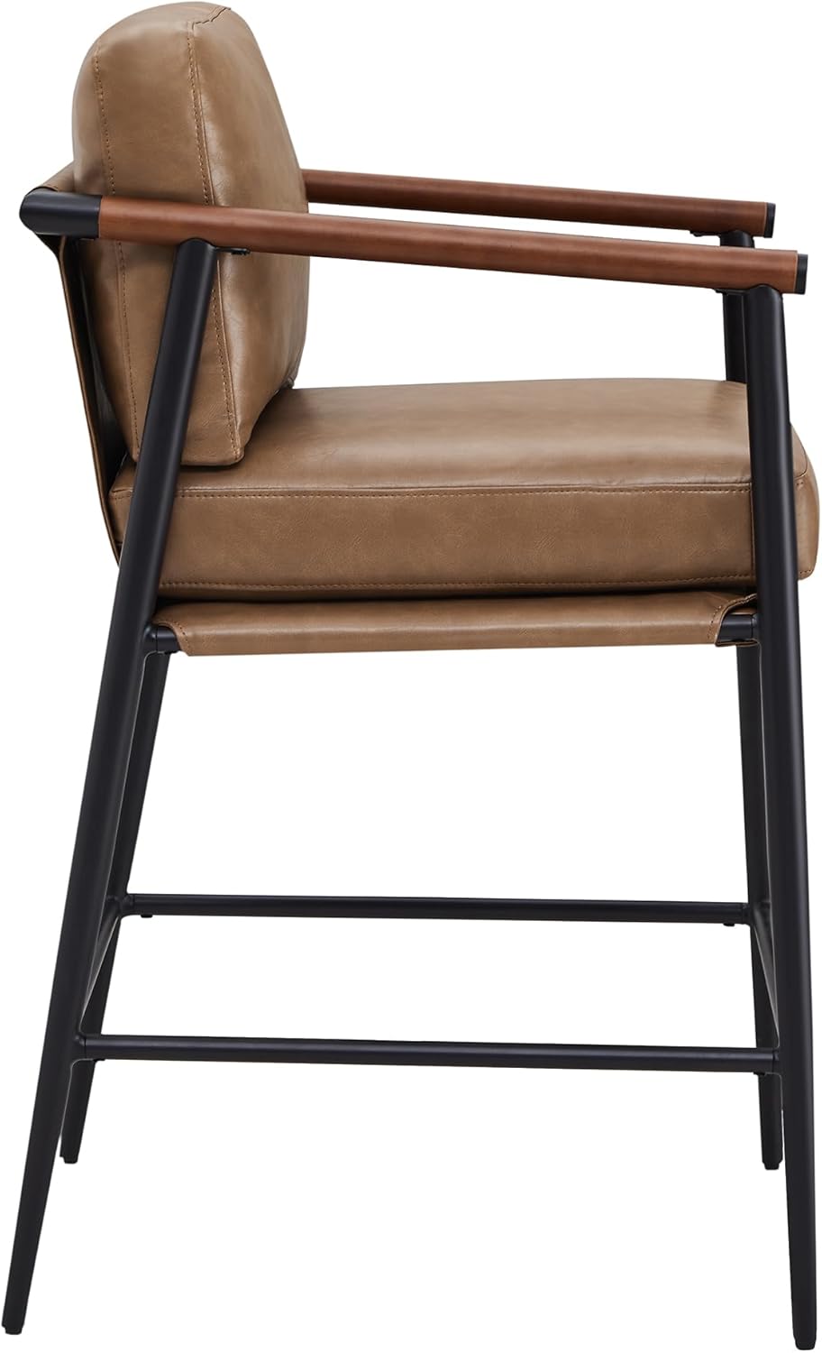 Watson & Whitely Mid Century Modern Barstools Set of 2, 26" H Upholstered Counter Height Bar Stools with Wood Armrests and Metal Legs, Faux Leather in Saddle Brown