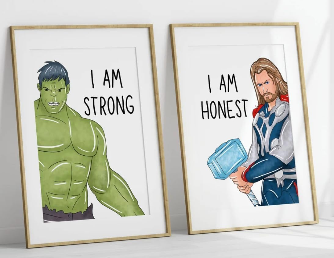 Superheroes Art Print Set Of 6, ‘I AM’ Affirmations, Boys Bedroom Décor, Motivational Boys Kids Wall Art, Iron Man, Hulk, Spiderman, Thor, Black Panther and Captain America, Superheroes (8x10)