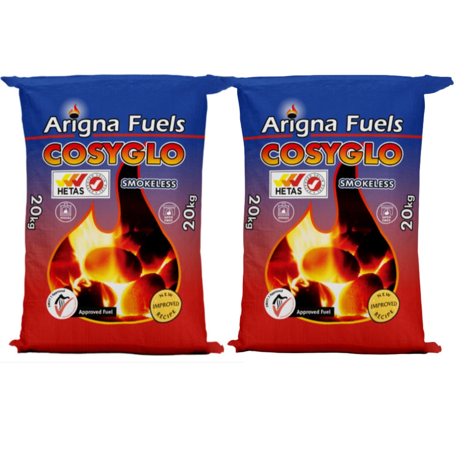 Warma Beige 20Kg & 40Kg Cosyglo Smokeless Coal - High Heat Output & Low Ash Fuel - For Open Fires Multi-Purpose Stoves Fire Burner Boilers - 2 X 20Kg