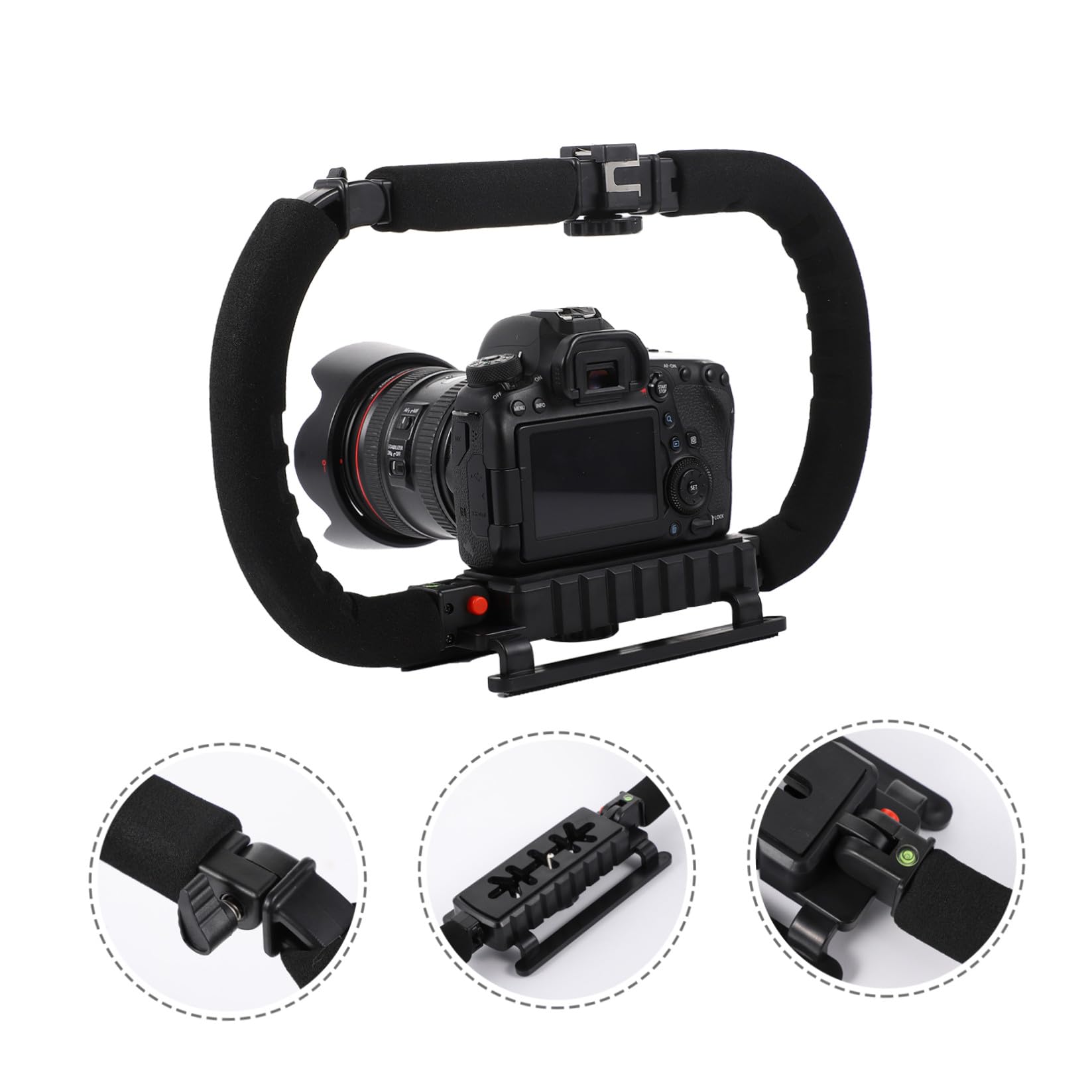 Stabilizzatore Videocamera Portatile 3 Slitte Fredde, Impugnatura in Metallo e Plastico Nero, Foro da 1/4 Pollice, per Smartphone e Videocamere Dv