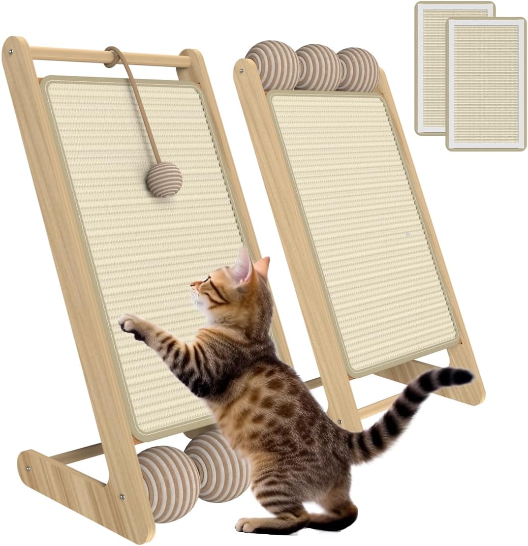 2-Pack L Shape Sisal Cat Scratcher for Indoor Cats with 6 Balls and 4 Sisal Pads, 23.6'' Tall Solid Wooden Cat Scratching Board, Furniture Protector for Cats' Clawing and Play, 2 PCS