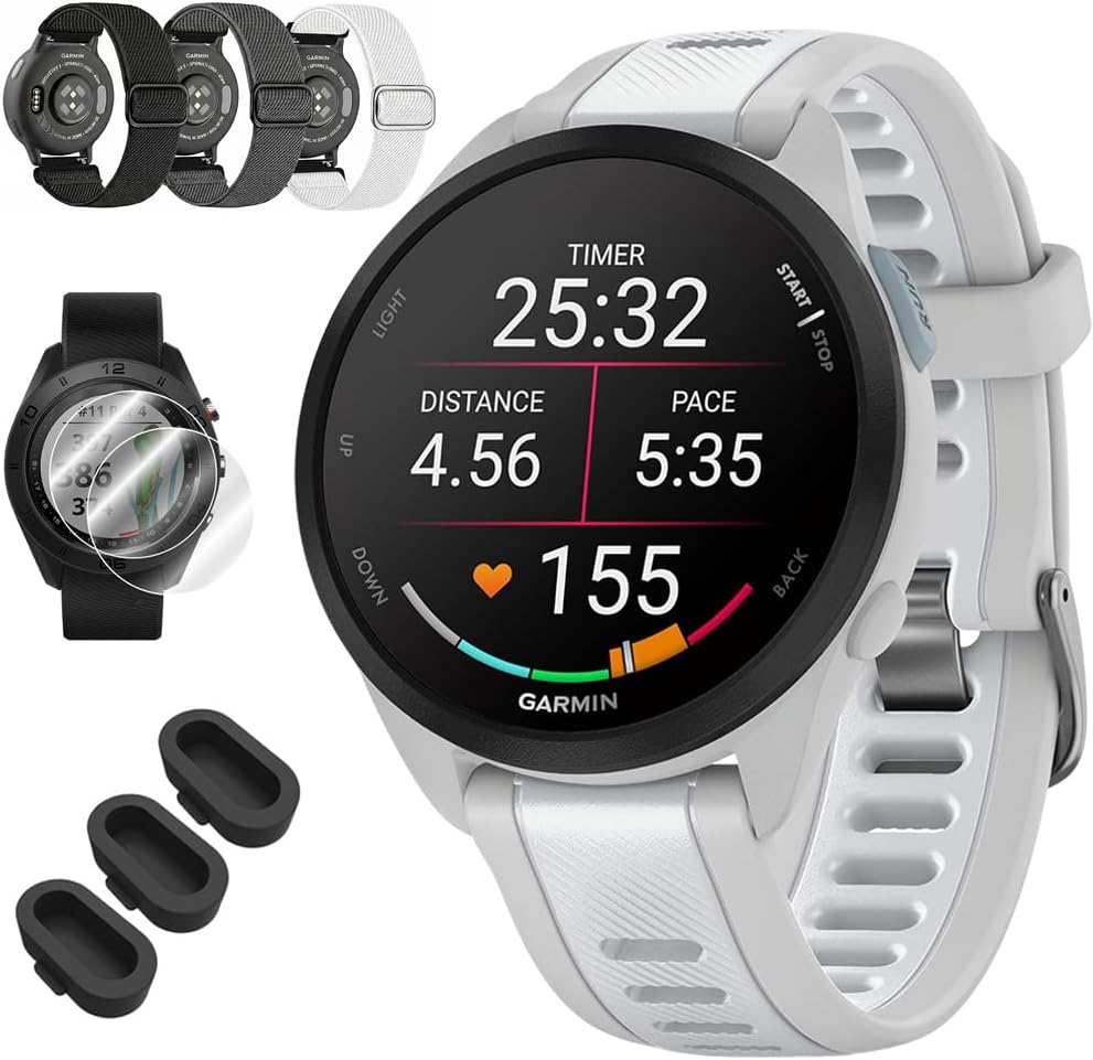 Garmin Forerunner 165 Music Smart Sport Watch, Mist Gray + Whitestone 010-02863-31 Bundle with Deco Essentials 3X Nylon Elastic Bands, 3X Silicone Dust Cover and 2X Screen Protector